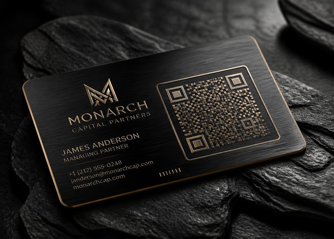 Heavy black metal business card with gold laser-engraved QR code